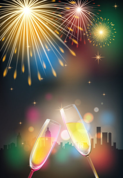 香槟酒杯与火花矢量插图，背景图片下载