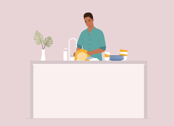 一个黑人站在厨房水池边洗碗。图片下载