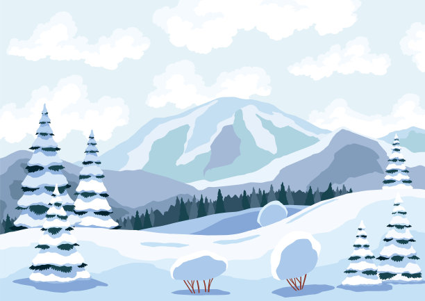 冬季徒步旅行景观。蓝山冬季雪景与雪和松树林在前景。山峰和旅行背景图片下载