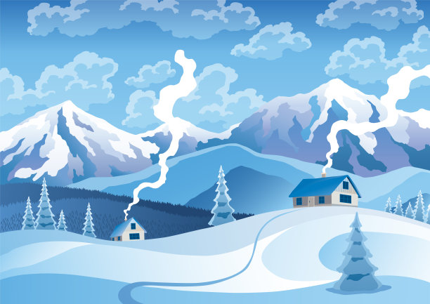 冬天的风景与房子，白松在前景和山峰，小山，云在天空的背景。矢量图的积雪覆盖的领域，其中站的房子图片下载