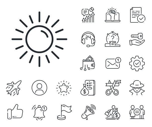 太阳线图标。炎热的天气标志。工薪族，性别平等，警铃响。向量图片下载