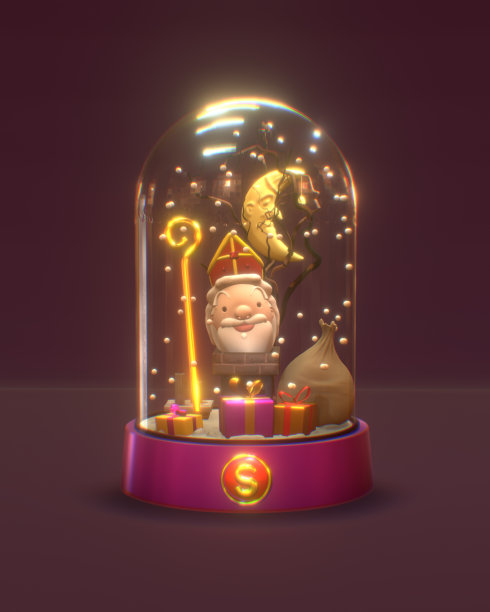 雪花玻璃球以圣诞老人为主题，儿童聚会，典型的荷兰传统在12月5日。儿童派对主题背景，3d渲染插画图片下载