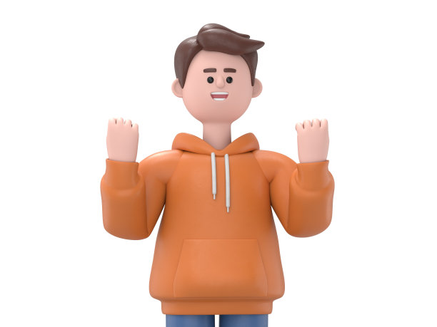 3D插图的男性卡迪尔非常高兴和兴奋做赢家的手势，双臂高举，微笑和尖叫的成功。白色背景的3D渲染。图片下载