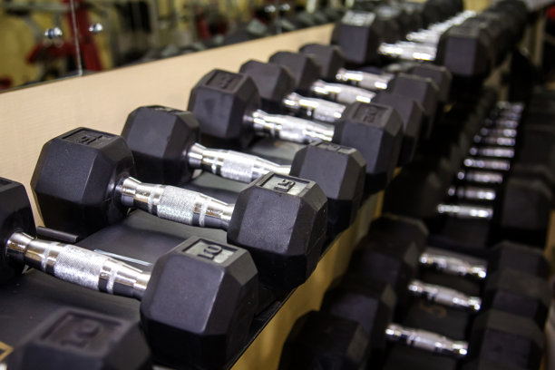 健身中心架子上的哑铃，照片特写图片下载