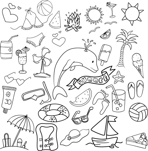 手绘矢量插图集夏天的元素。手绘涂鸦图片下载