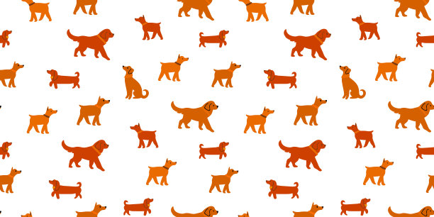 矢量无缝模式与棕色狗在白色背景上行走。图片下载