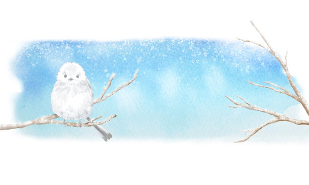 这是一幅可爱的插图，一只长尾山雀栖息在积雪的树枝上。图片下载