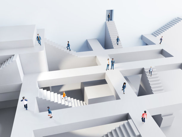 在一个抽象的商业环境中，许多商人在楼梯上跑来跑去。3D渲染图图片下载