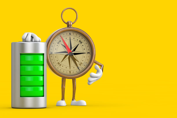 古董复古黄铜指南针卡通人物吉祥物与抽象充电电池。3d渲染图片下载