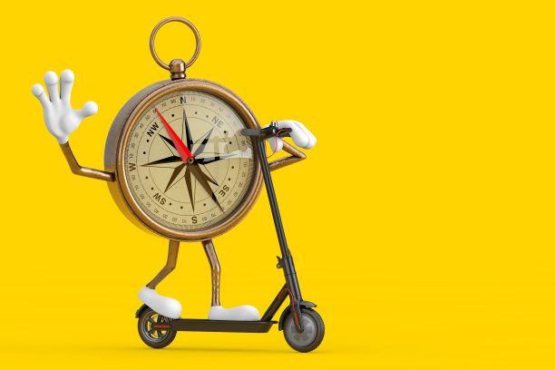 古董古董黄铜指南针卡通人物吉祥物骑踢电动滑板车。3d渲染图片下载