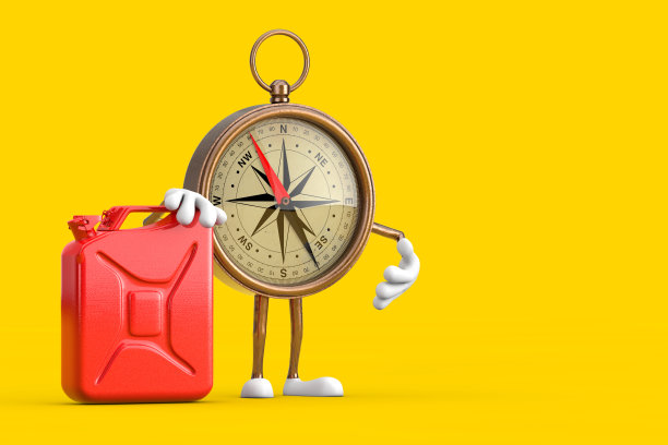 古董复古黄铜指南针卡通人物吉祥物与白旗与红色金属杰里肯罐。3d渲染图片下载