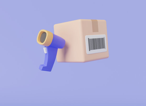 扫描条形码与包裹盒。产品标识。货物核算。标签条码，条码阅读器，仓库盘点，快递包裹。产品标识。3d渲染图图片下载
