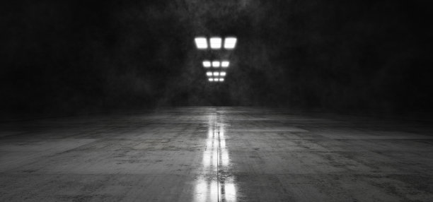 聚光灯照亮的混凝土背景。车库。未来的背景。LED灯。机库。混凝土。聚光。未来的走廊。展厅。3D渲染图片下载