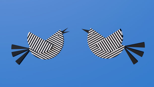 两只抽象的条纹鸟在飞翔。蓝色背景。3 d演示。图片下载