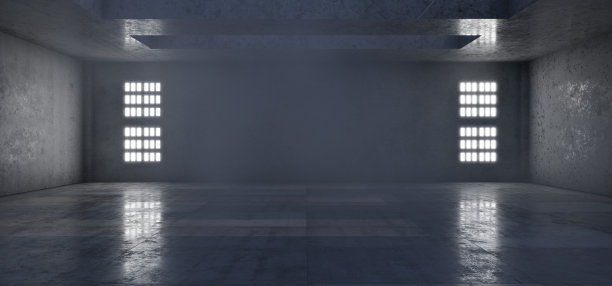 展厅。聚光灯照亮的混凝土背景。车库。混凝土。聚光。未来的走廊。未来的背景。LED灯。机库，3D渲染图片下载