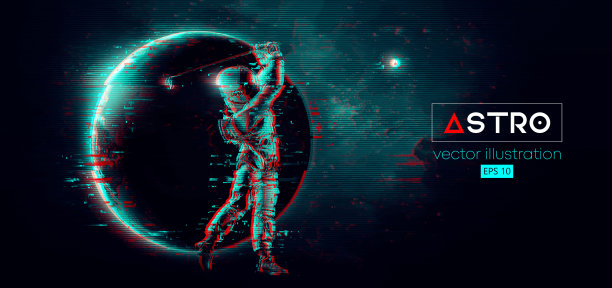 一个高尔夫球手在太空中动作的抽象剪影和以地球、火星、行星为背景的太空。高尔夫运动员宇航员击球。矢量图图片下载