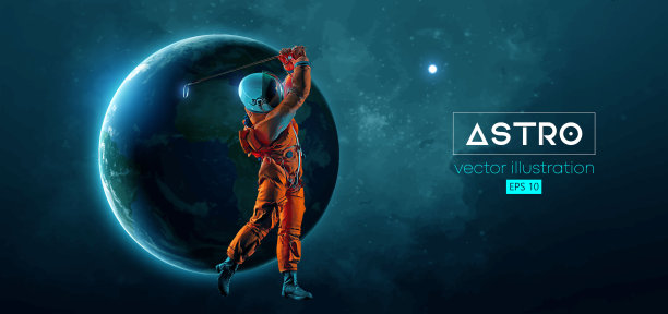 一个高尔夫球手在太空中动作的抽象剪影和以地球、火星、行星为背景的太空。高尔夫运动员宇航员击球。矢量图图片下载