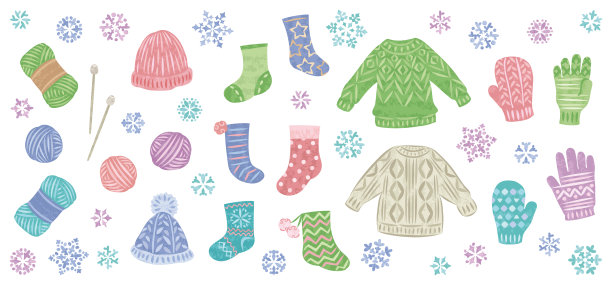 冬季插画素材集:毛衣、袜子、手套、雪花图片下载