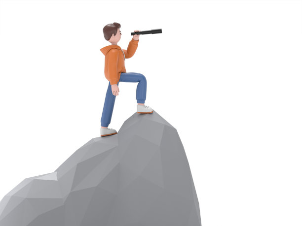 男性卡迪尔在高山上通过望远镜观看的3D插图。艺术作品描绘了雄心、愿景、未来和发现。白色背景的3D渲染。图片下载