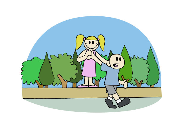 可爱的兄弟，微笑的男孩和女孩角色在他离开的时候在公园里拍照。彩色手绘卡通漫画风格矢量插图。图片下载