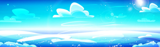 冬天阳光明媚的风景，在刮风的日子里，白雪覆盖的田野。创意矢量插图在卡通风格。图片下载
