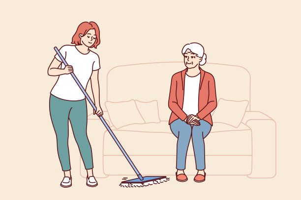 护理院的护理人员正在拖地，照顾坐在沙发上的老年妇女图片下载