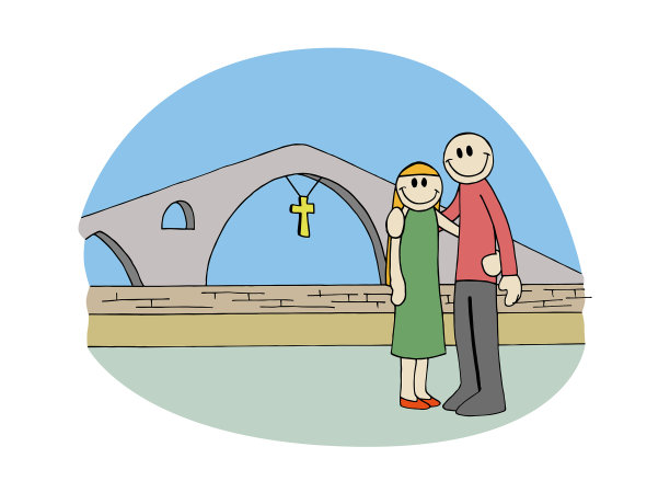 一对可爱、幸福、微笑的情侣在一座历史悠久的石桥前拥抱。canas de Onís，阿斯图里亚斯，西班牙。彩色漫画卡通手绘风格矢量插图。图片下载