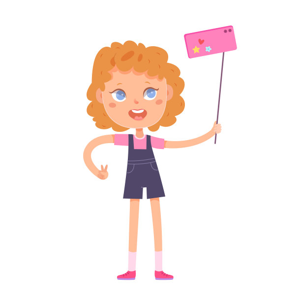 可爱的女孩在手机上自拍。孩子在白色背景下用智能手机拍照。儿童与移动设备卡通矢量插图。酷有趣的社会技术活动与相机图片下载