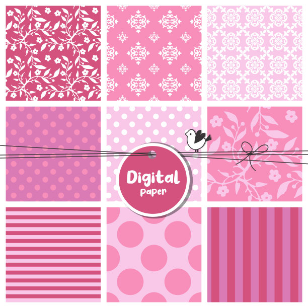 数码纸，一套无缝的图案，花，点，条纹，方形样品图片下载