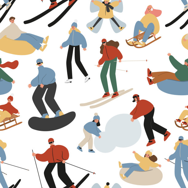 冬季季节无缝图案，人滑雪，单板滑雪，滑冰，制作雪天使数码纸，冬季活动剪贴簿纸，雪林背景，矢量插画剪贴画。图片下载