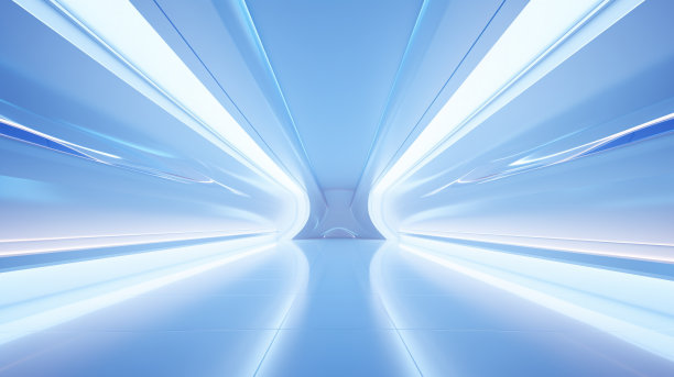 空间站飞船的走廊隧道，发光的蓝色未来派面板，金属墙反射光线。领奖台还有很长的路要走。三维渲染图片下载
