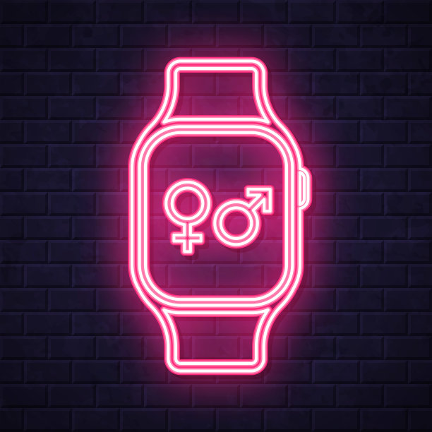 带有性别符号的智能手表。在砖墙背景上发光的霓虹灯图标图片下载
