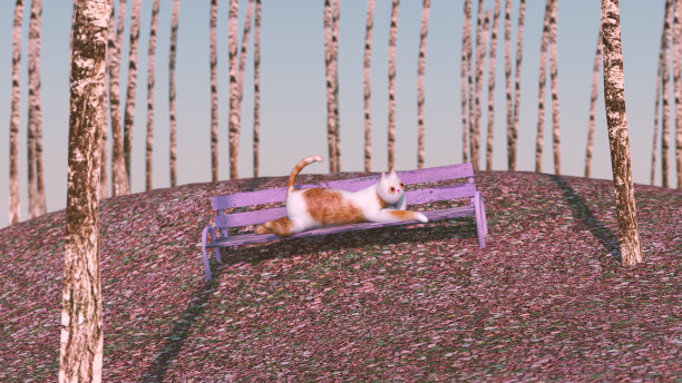 猫躺在白桦林的长凳上。3d渲染，3d插图。图片下载