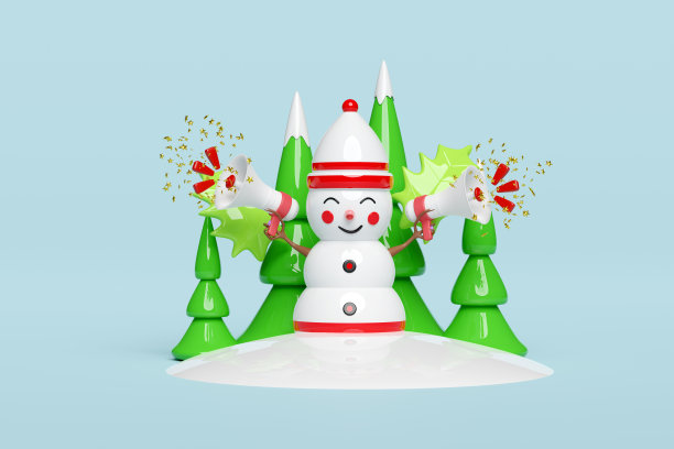 3d雪人持有扩音器或手扬声器与圣诞树。宣布促销消息，圣诞快乐，新年快乐，3d渲染插图图片下载