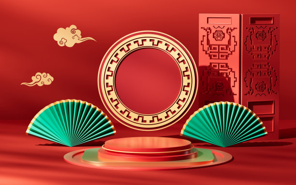 红色中式背景舞台，3d渲染。图片下载