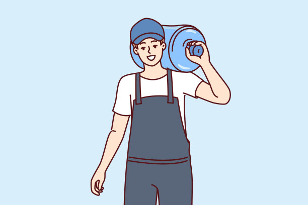 往办公室送饮用水的男搬运工肩上有一瓶用于冷却器的水图片下载