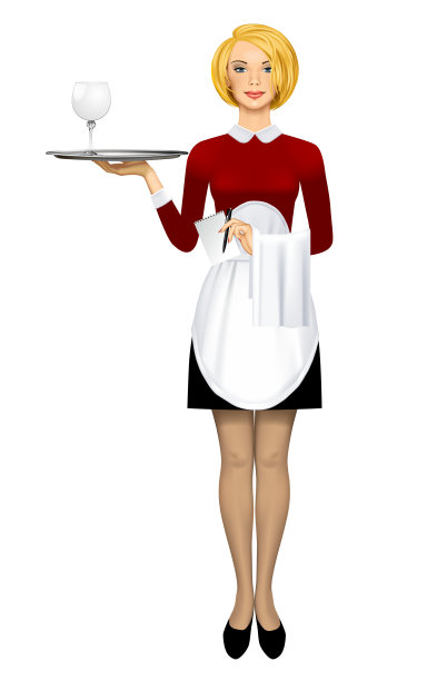 年轻的金发女服务员，穿着制服，手里拿着餐巾和笔记本，手里拿着一个圆托盘，上面放着一杯空酒图片下载