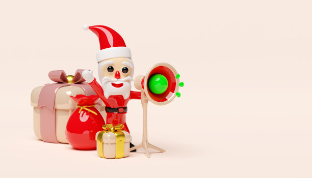 圣诞老人手持扩音器或手持扩音器配礼品袋、礼盒。宣布促销消息，圣诞快乐，新年快乐，3d渲染插图图片下载