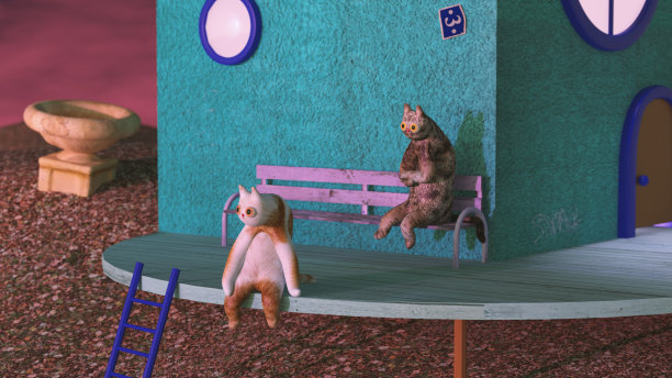 两只卡通猫在看日落。3d渲染，3d插图。图片下载