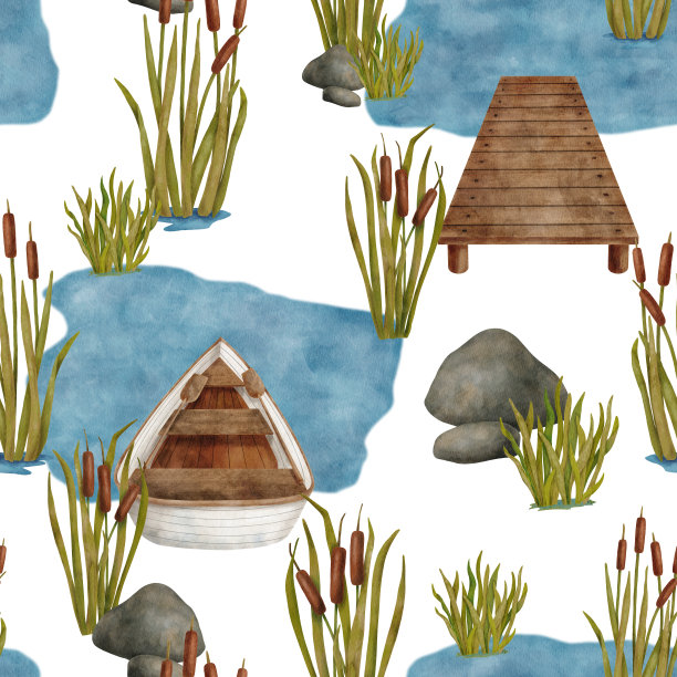 水彩夏日景观无缝图案与木船在湖上。手划划艇，码头，芦苇植物，石头上孤立的白色。平静放松的自然场景背景壁纸，纺织品。图片下载