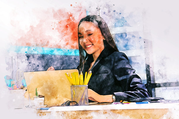 抽象幸福女商人在办公室工作的水彩插画绘画背景。图片下载