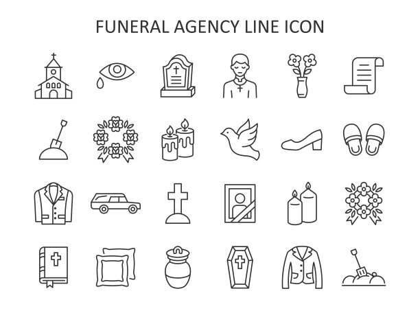 殡葬机构线路图标集。灵车，棺材，鸽子，教堂，墓碑，花圈，西装，圣经，牧师平面矢量符号。图片下载