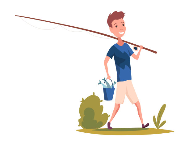 孩子钓鱼的图标。这家伙钓鱼游成功了。渔夫，鱼捉卡通。卡通男孩抓鱼。平面矢量图图片下载