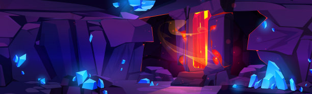 石墙上有蓝色水晶的卡通洞穴图片下载