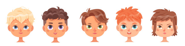 个人资料头像与男孩的脸设置矢量插图。卡通孤立的快乐男小角色有不同的眼睛，发型和发色，可爱的肖像欢快的孩子收集图片下载
