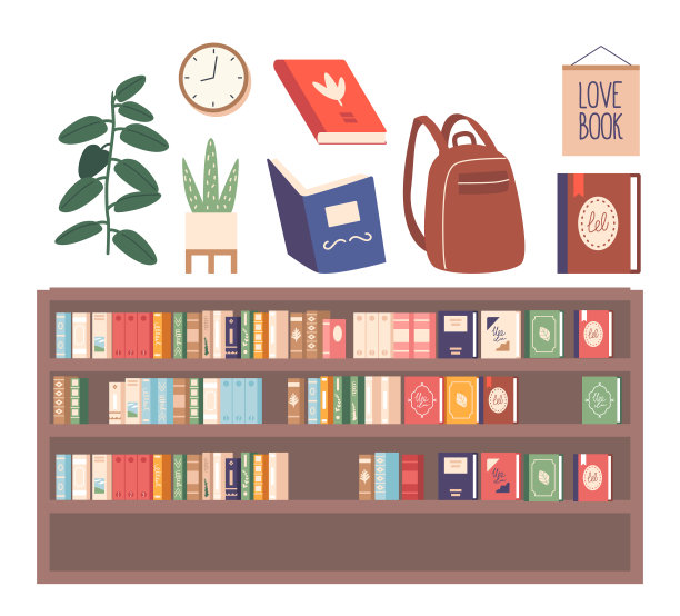 图书馆内部项目设置。书架上摆满了经典作品，合上和打开的书，盆栽植物，背包和时钟图片下载