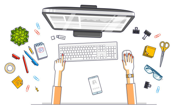 办公桌工作空间俯视图与办公室工作人员或企业家的手，PC电脑和许多不同的文具物品在桌子上。所有元素都易于单独使用。向量。图片下载