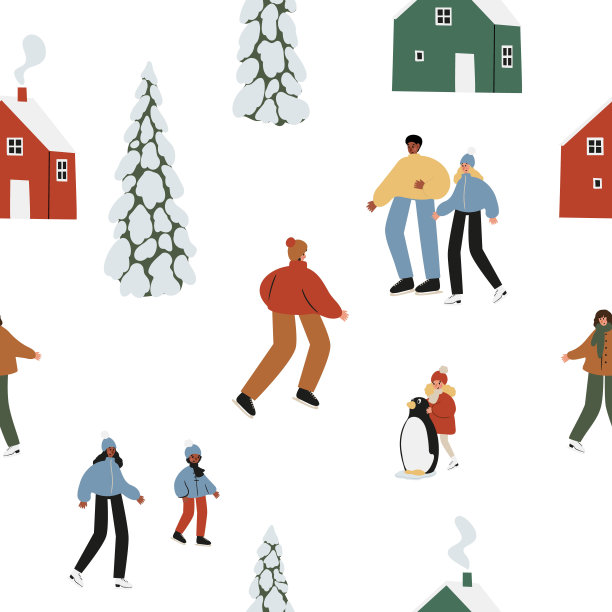 冬季季节无缝图案，人滑雪，单板滑雪，滑冰，制作雪天使数码纸，冬季活动剪贴簿纸，雪林背景，矢量插画剪贴画。图片下载