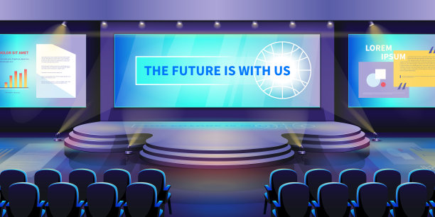 会议阶段。活动大厅。礼堂座位。在公司或科学会议上无人领奖台。会议厅的演示屏幕，供商务演讲者使用。矢量插图背景图片下载