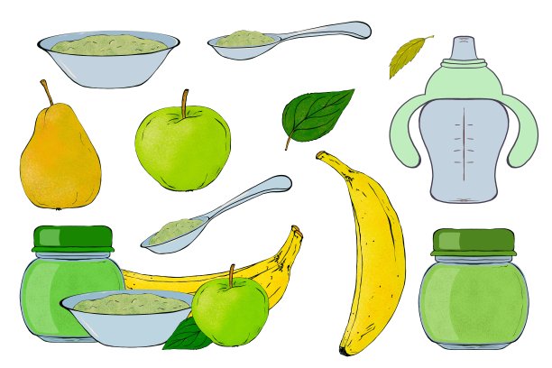 一套婴儿食品元素。婴儿彩色辅食。盘子与泥，罐子，勺子，水果。手绘插图图片下载